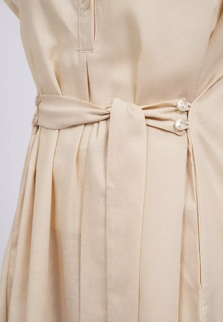 V-Neck Belted Midi Dress ECRU