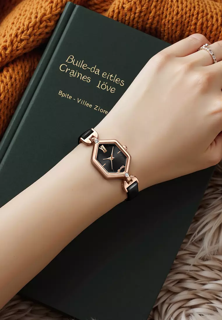 Jam Tangan Wanita Original Anti Air Tali Kulit Square Dial Gaya Korean Jam Tangan Cewek black