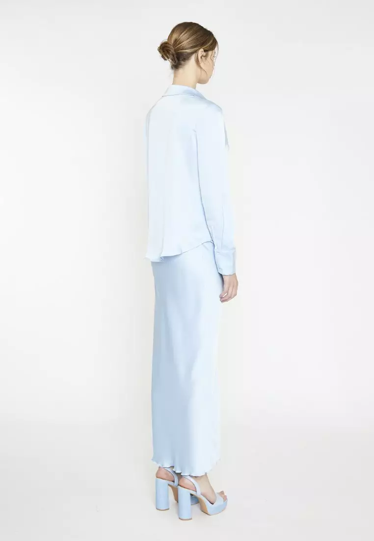 Light Blue Satin Bias Cut Midi Skirt