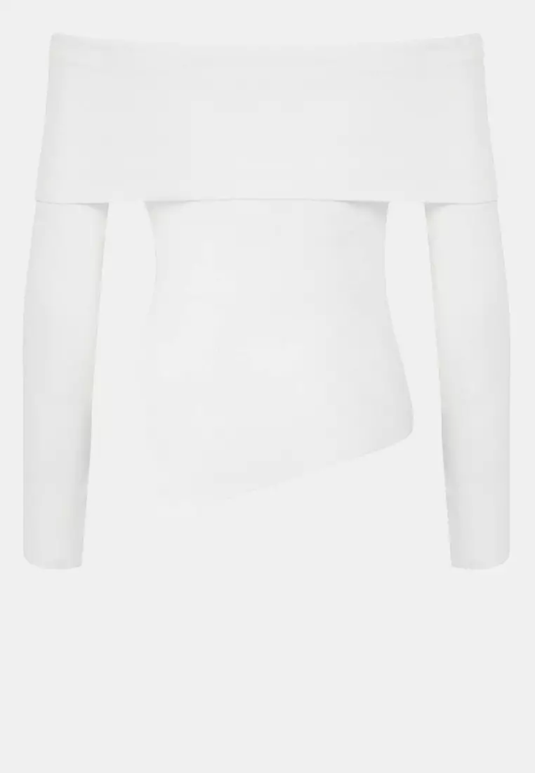 Ecru Premium Yarn/Special Yarn Carmen Collar Knitwear Sweater