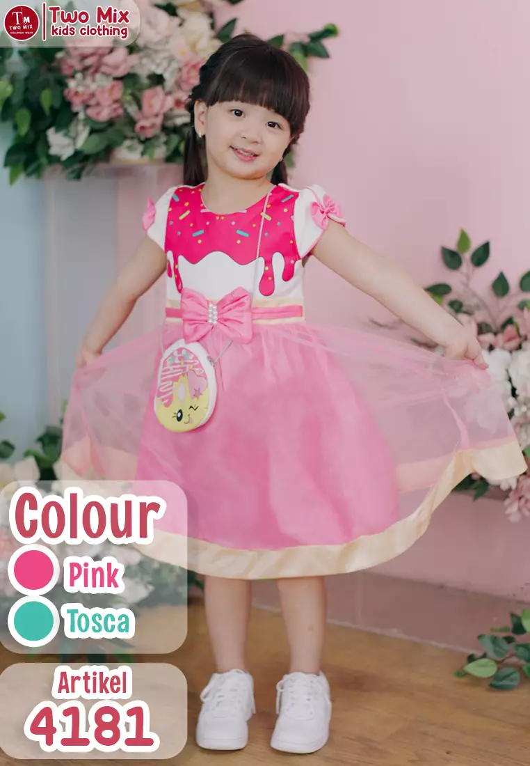 Two Mix Baju Anak Anak Perempuan Cantik Bonus Gratis Tas Anak Cantik Bahan Kaos + Satin 4181