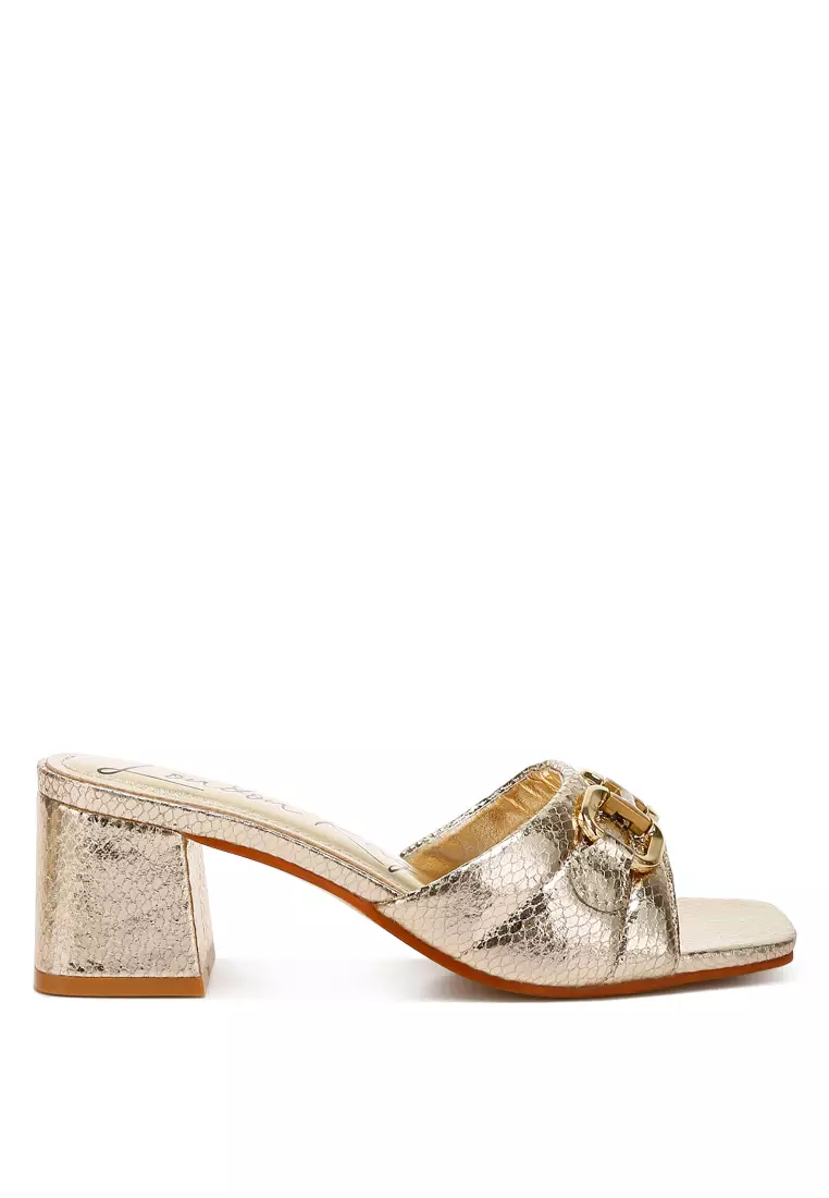 Discount on London Rag  shoes - SKU: Gold Horsebit Detail Snake Print Sandals