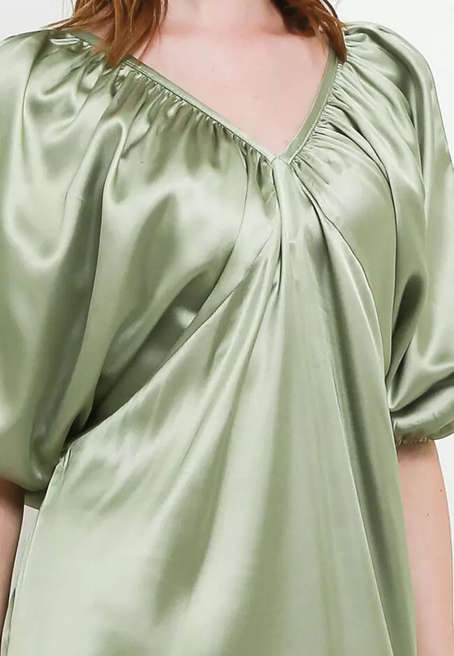 Deep V Neck Cross Back Silky Puff Sleeve Dress