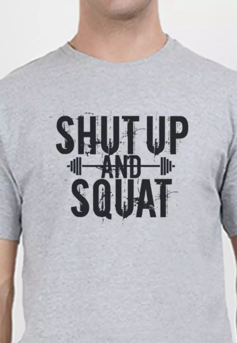 Shut up and Squat Grey Cotton Short Sleeve Crew Neck Workout/Training Tee