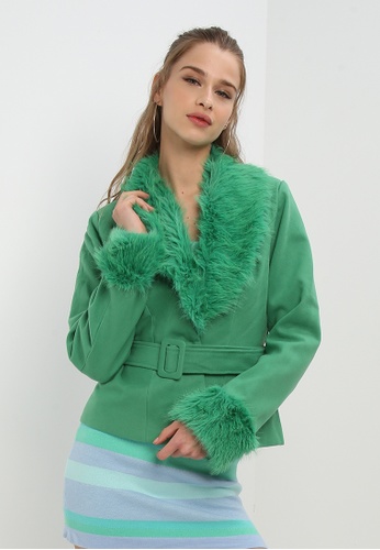 Peppermayo Maddy Faux Fur Jacket in Jade Green Womens Clothing Jackets Fur jackets Green 