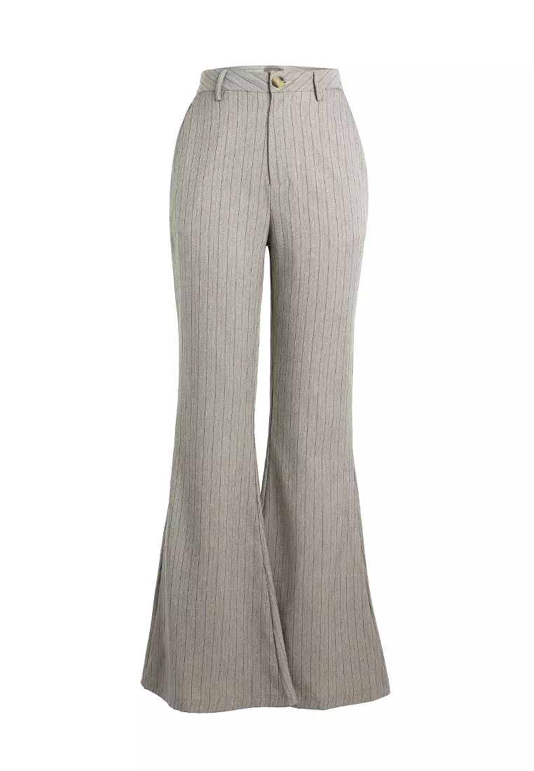 Herringbone Slim Flare Trousers in Taupe