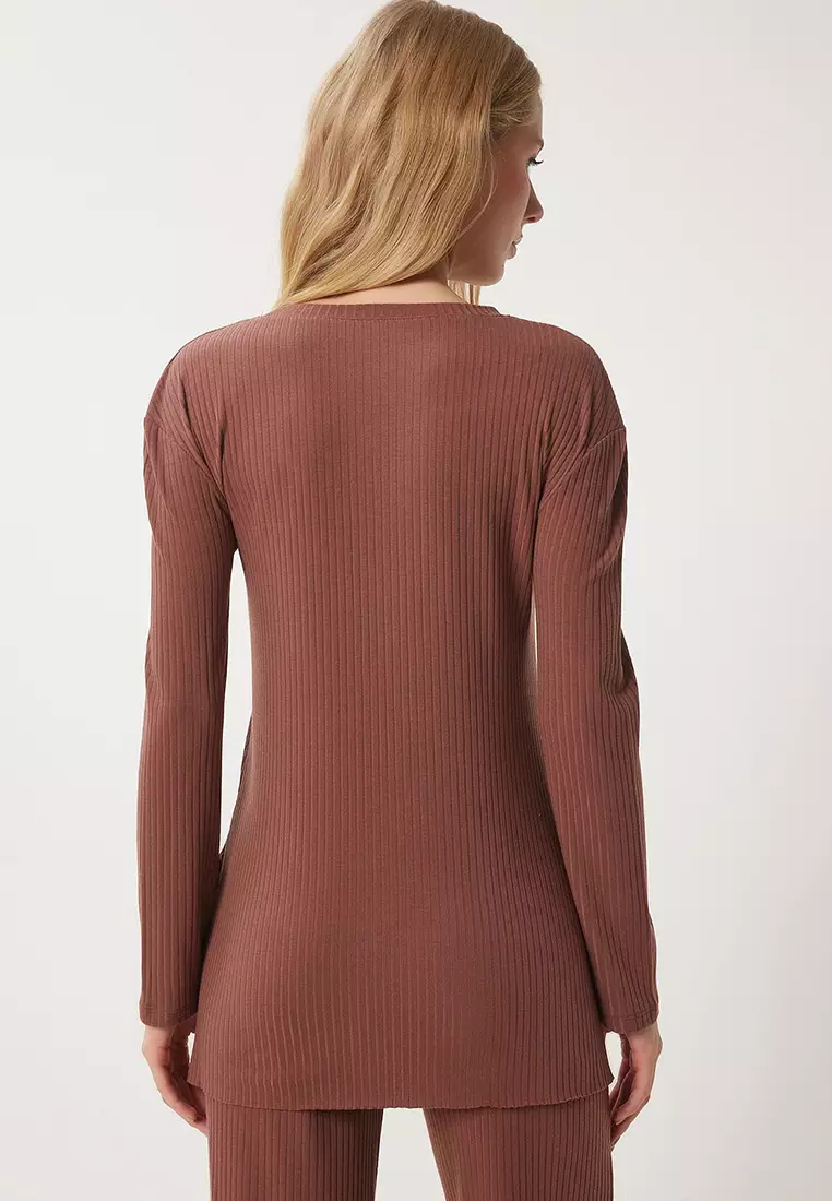 Comfortable Ribbed Knitted Blouse Trousers Set