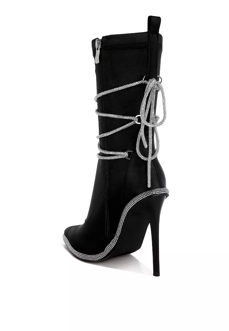 Sepatu Bot Betis Satin Bertali Berlian Imitasi Warna Hitam