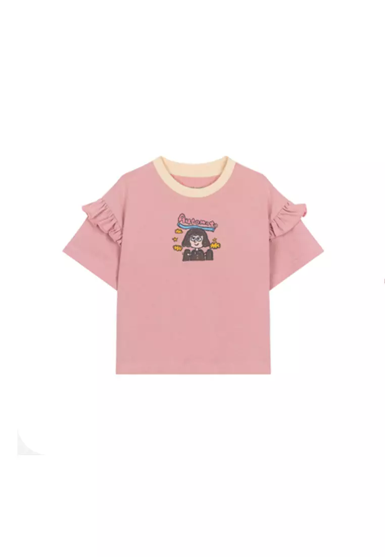 女小童短袖T恤趣味笔触感印花木耳边T恤