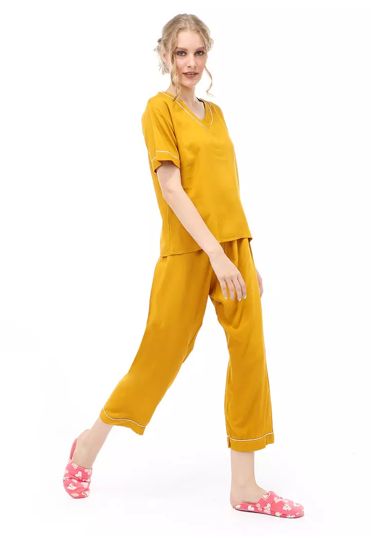 Vance Piyama Setelan Baju Tidur Wanita Lengan Pendek Material Rayon ORIGINAL - Yellow