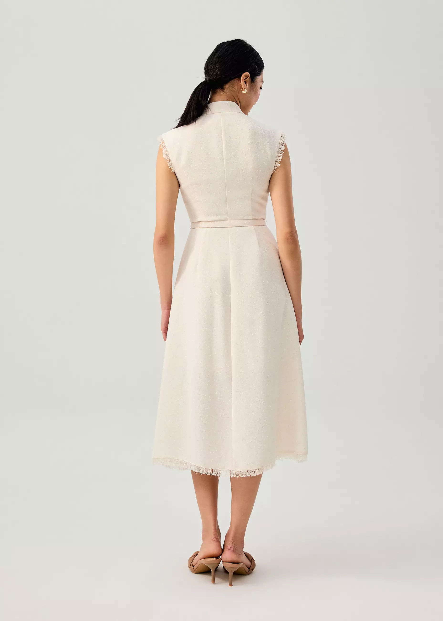 Dress Wanita - Fei Belted Tweed Mandarin Collar Fit & Flare Midaxi Dress