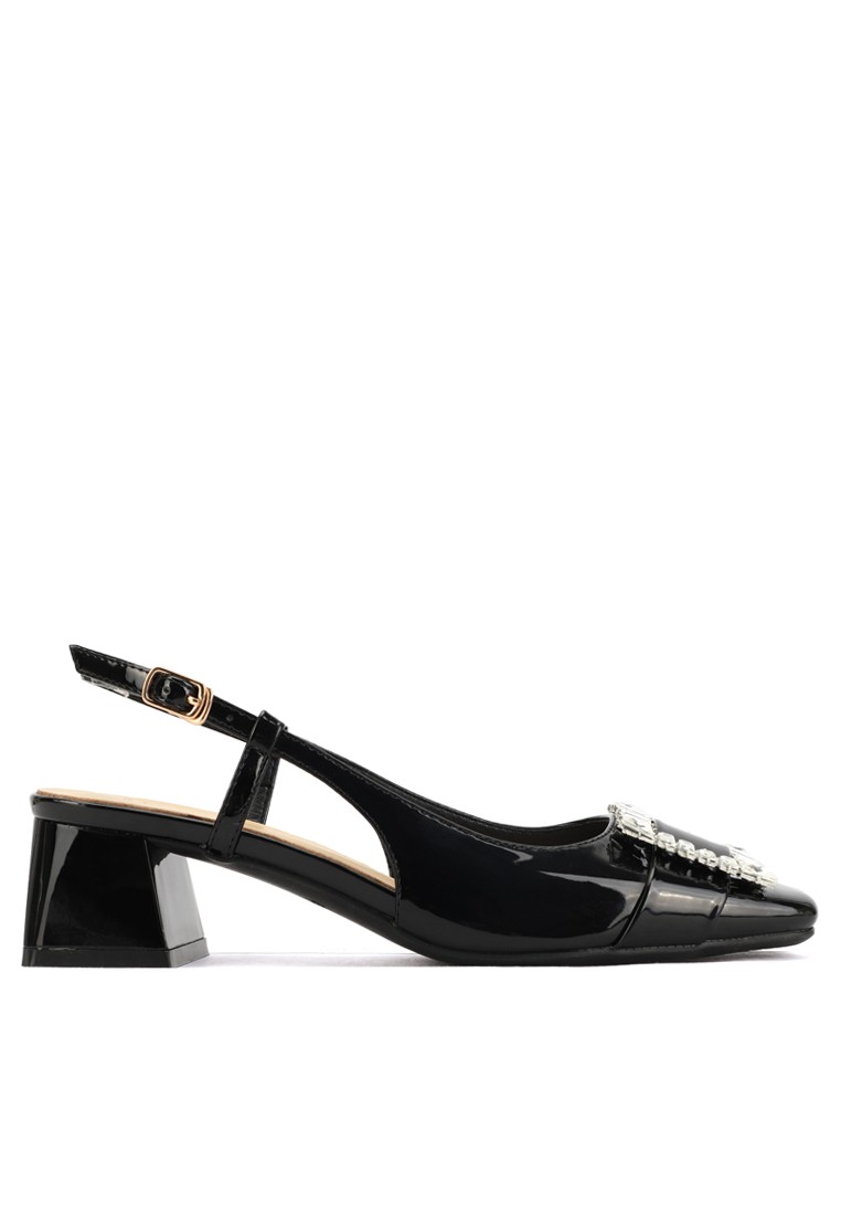 Rhinestone Buckle Patent Leather Slingback Mid Heel XJ333-3