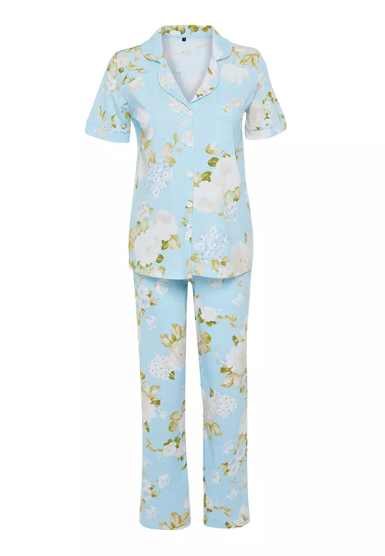 Blue 100% Cotton Floral Patterned Knitted Pajama Set