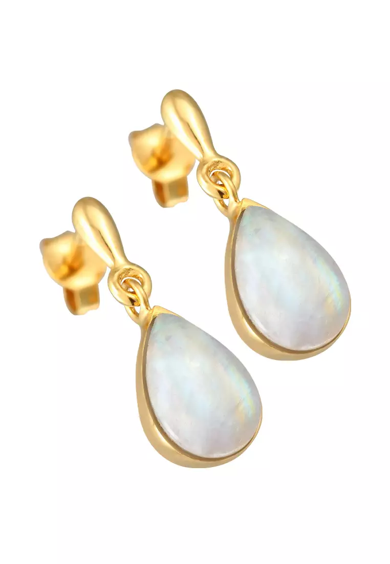 Anting Perhiasan Perak 925 Wanita Ear Hanger Drop Elegant Moonstone Gold Plated