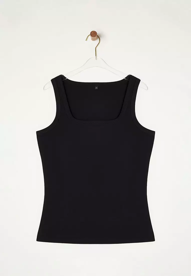 Black Square Neck Soft Fabricbody Sitting Plus Size Knitted Undershirt Tbbss25Cv00000
