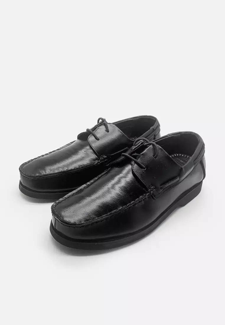 Zion Sepatu Moccasin Casual Pria Kulit Asli Tali - Black