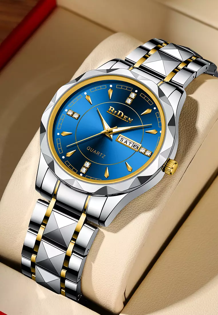 Jam Tangan Pria Anti Air Original Cowok Kalender Bercahaya Analog Luminous Stainless Steel Men Watch Biru