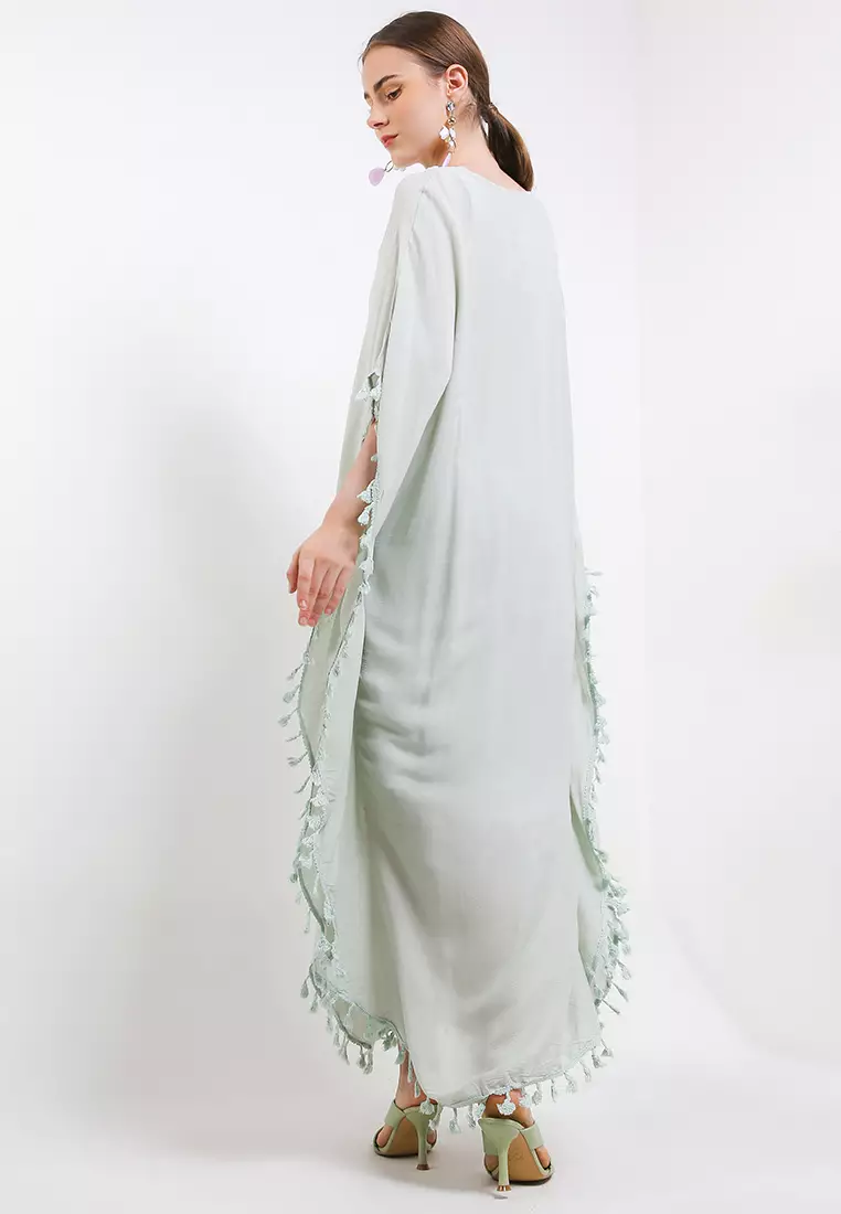 Sequined Emb Tassel Detail Crinkle Cotton Kaftan