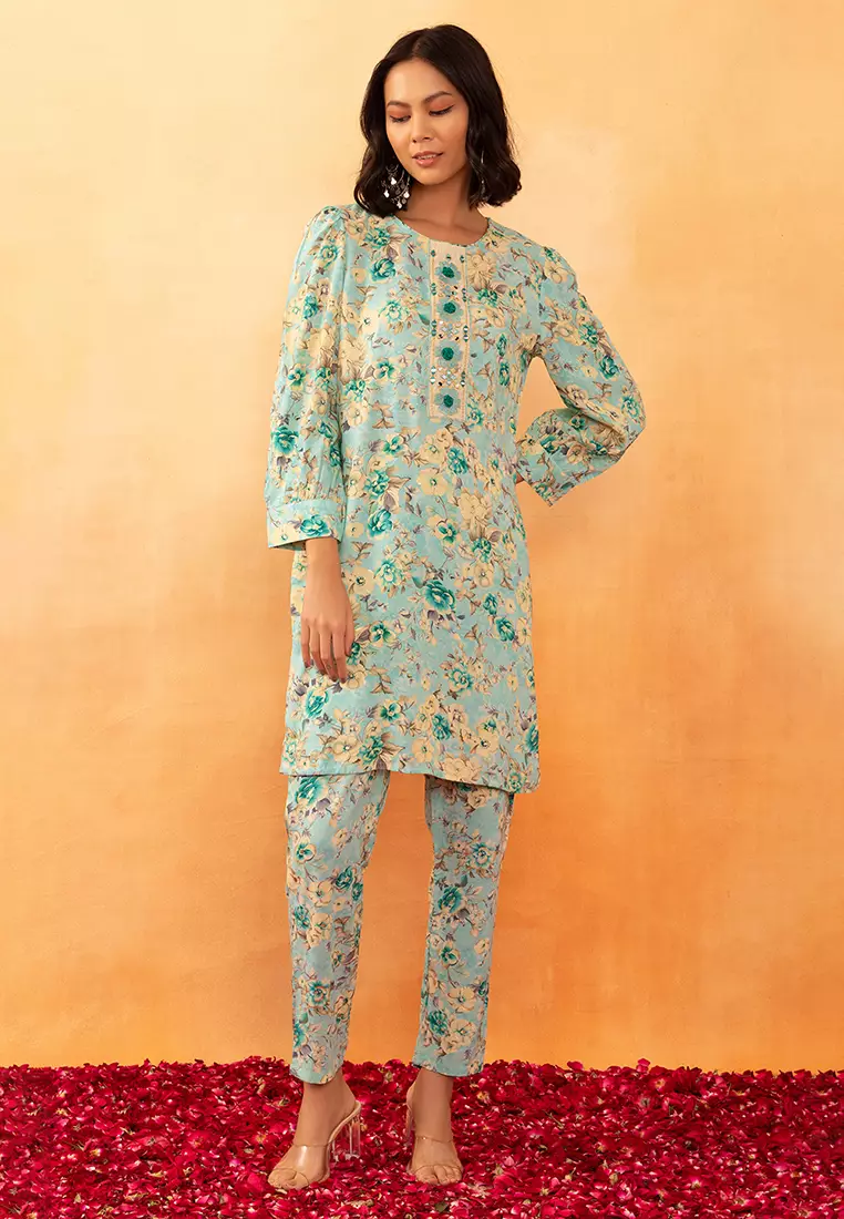 Light Blue Floral Jaal Print Rayon Kurta And Printed Pants (Set of 2)