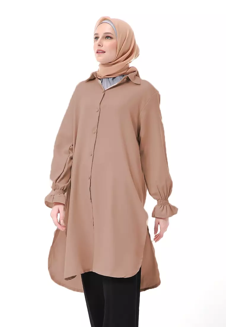 Icella Long Tunik Muslimah Atasan Wanita Motif Polos Lengan Panjang Premium Quality - Mocca