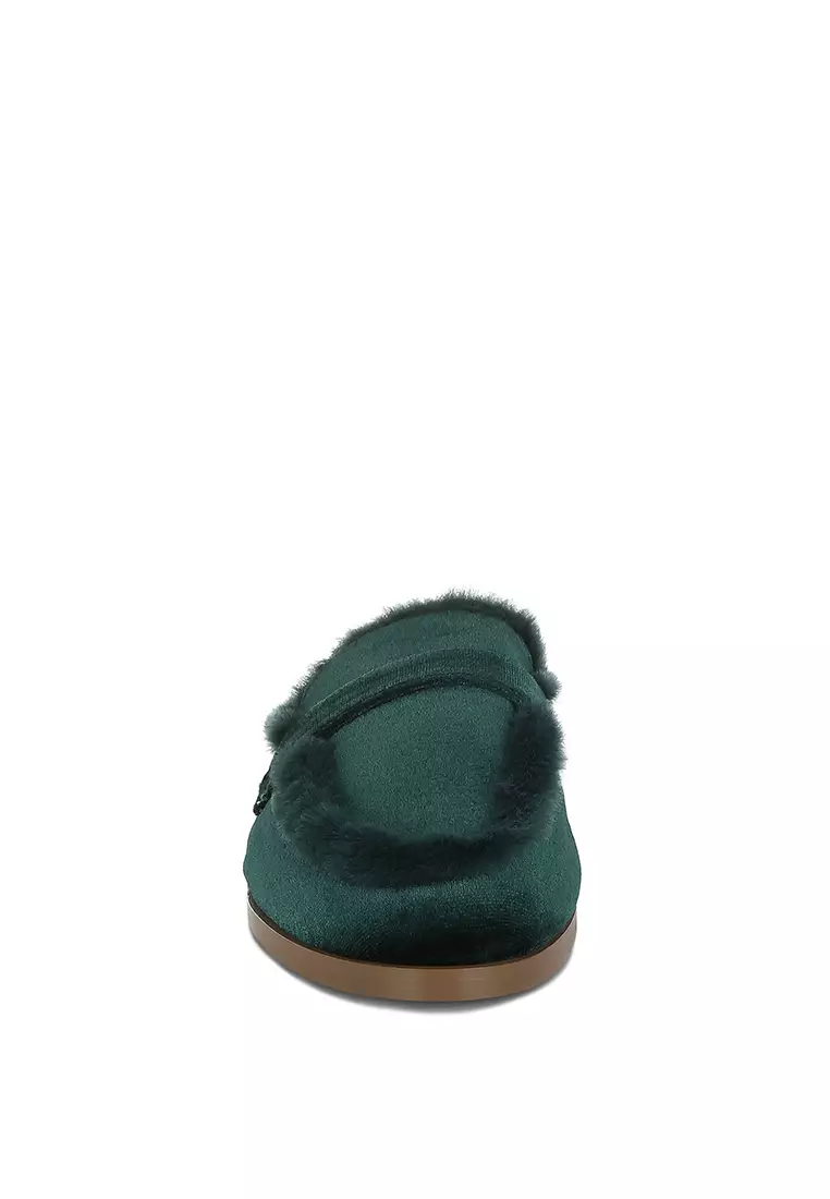 Fur Detail Velvet Slip-On Mules in Bottle Green
