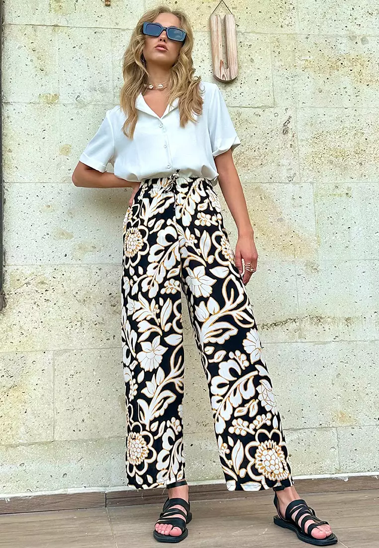 Women's Black Patterned Woven Viscose Trousers
