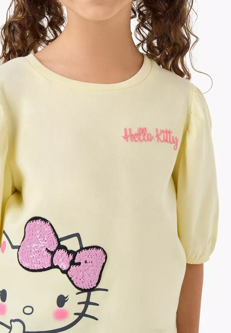 Babyshop Sanrio Round Neck Short Sleeves T-Shirt With Hello Kitty Sequin Detail