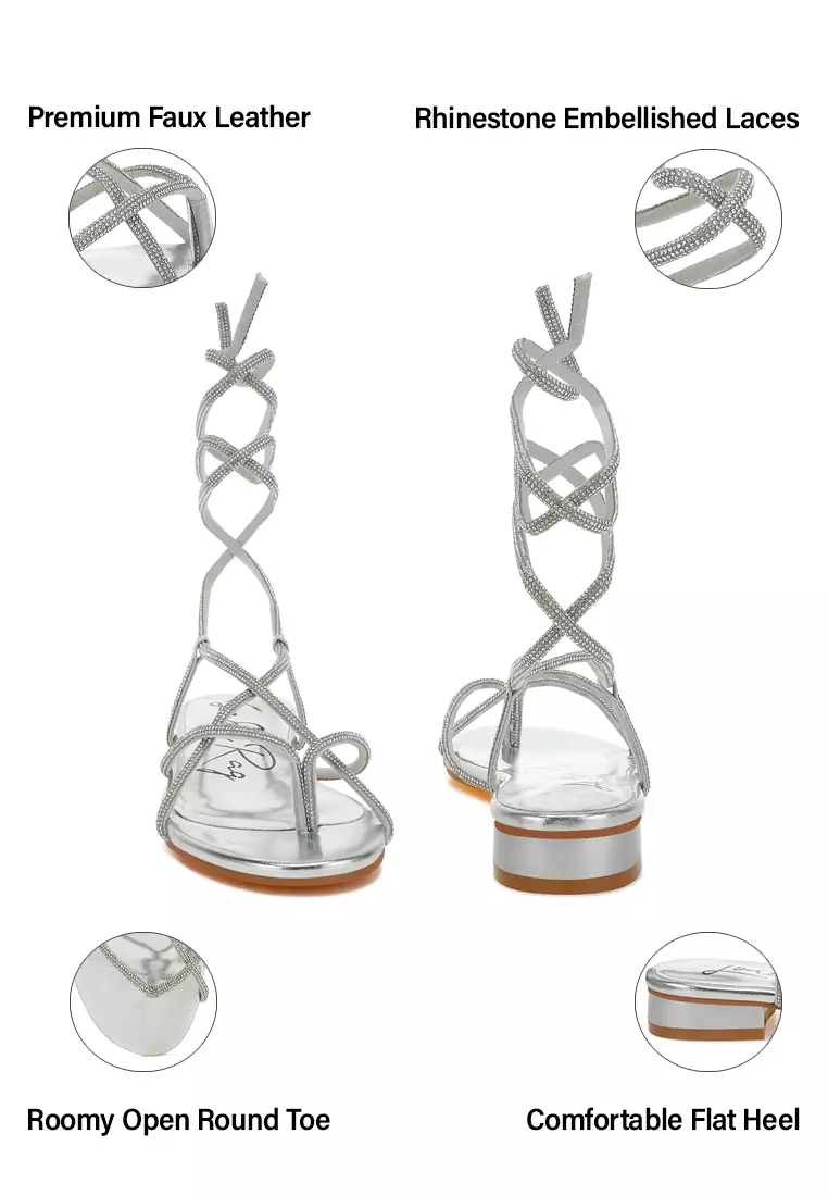 Rhinestone Embellished Lace-Up Sandals in Silver