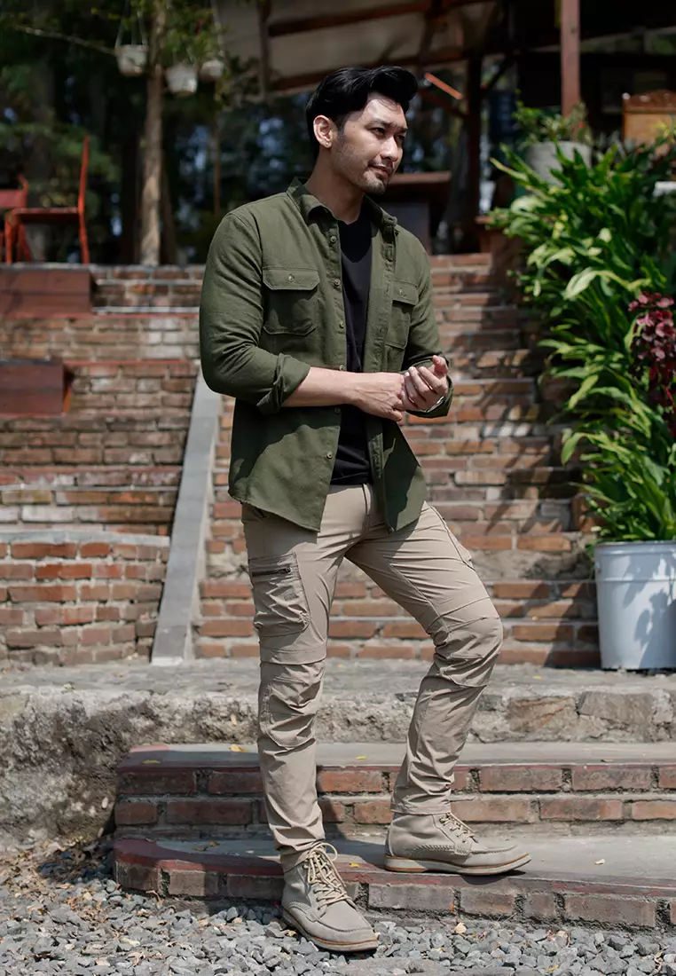 OXCON Utility Double Pocket Authentic Kemeja Flannel Shirt Monotone Green Army