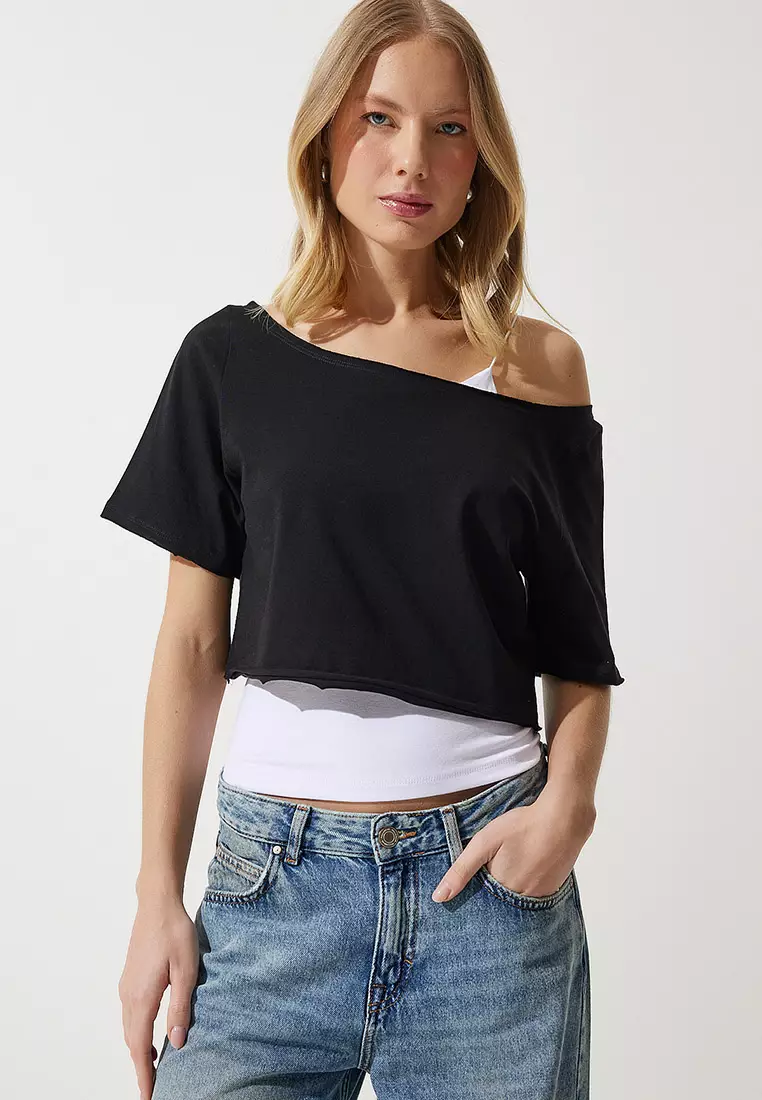 Women's White Black Boat Neck Basic Crop 2 Piece Pack Knitted T-Shirt Ow00036