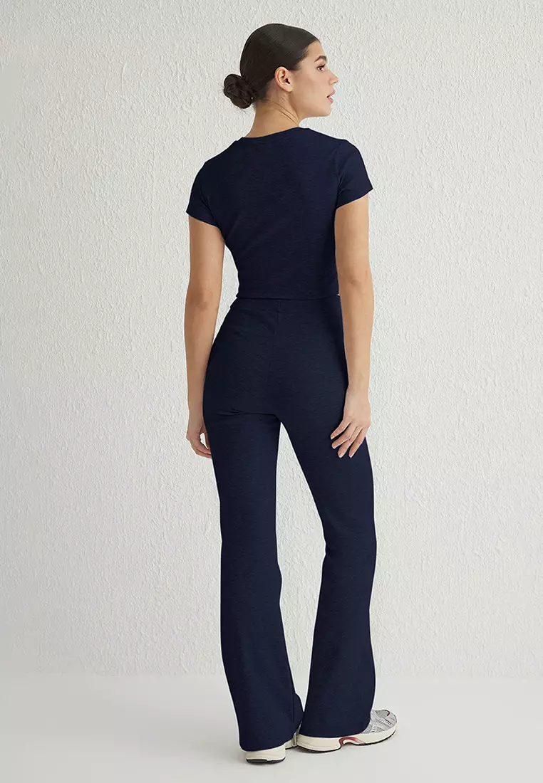 Navy Blue Fitted/Body Fitted Flexible Knitted Bottom-Top Set TWOSS25AU00053