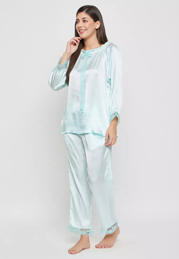 Clovia Chic Basic Top & Pyjama Set in Baby Blue - Satin