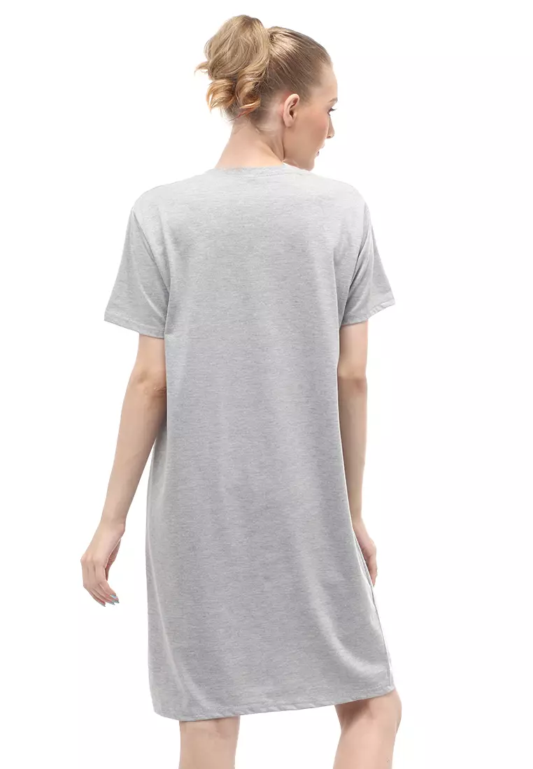 Finch Midi Dress Wanita Short Sleeves Motif Polos - Abu