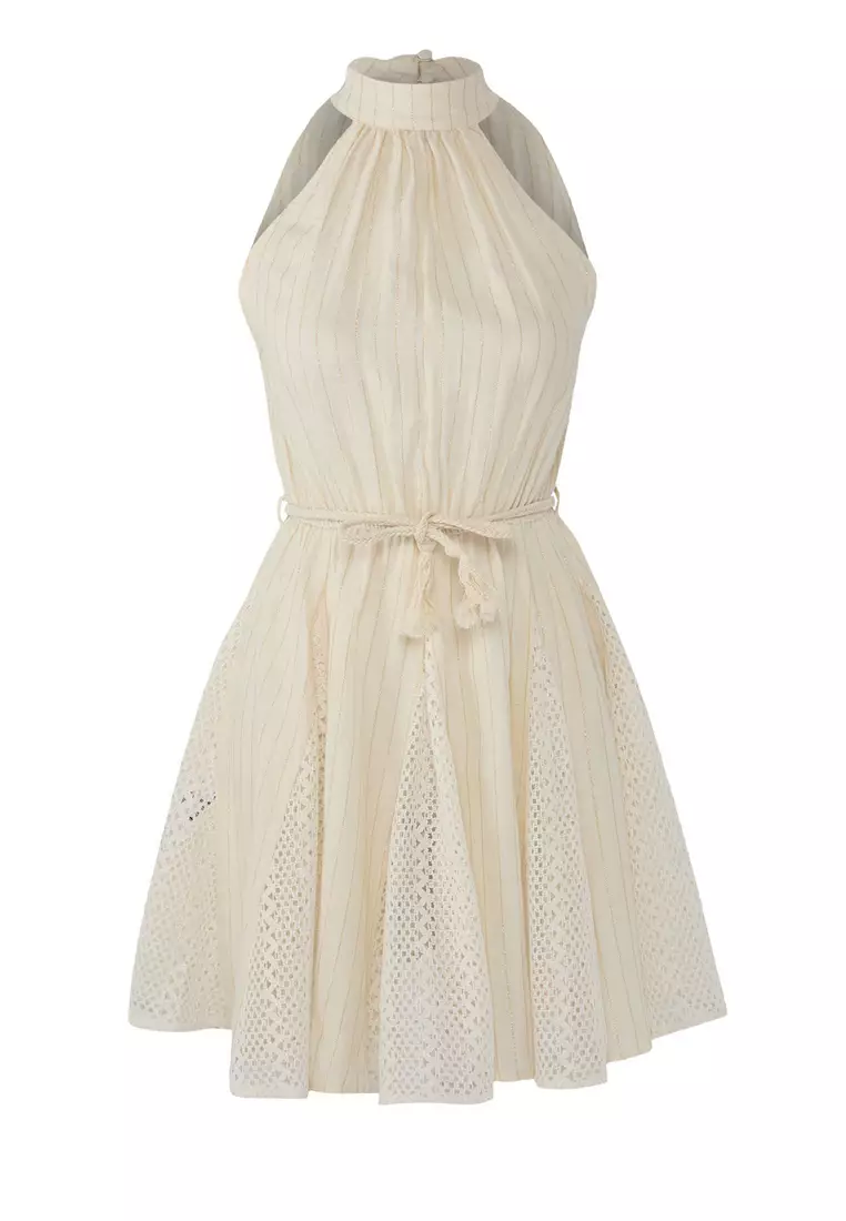 Beige Glittery Muslin Woven Mini Beach Dress Tbess25El00128