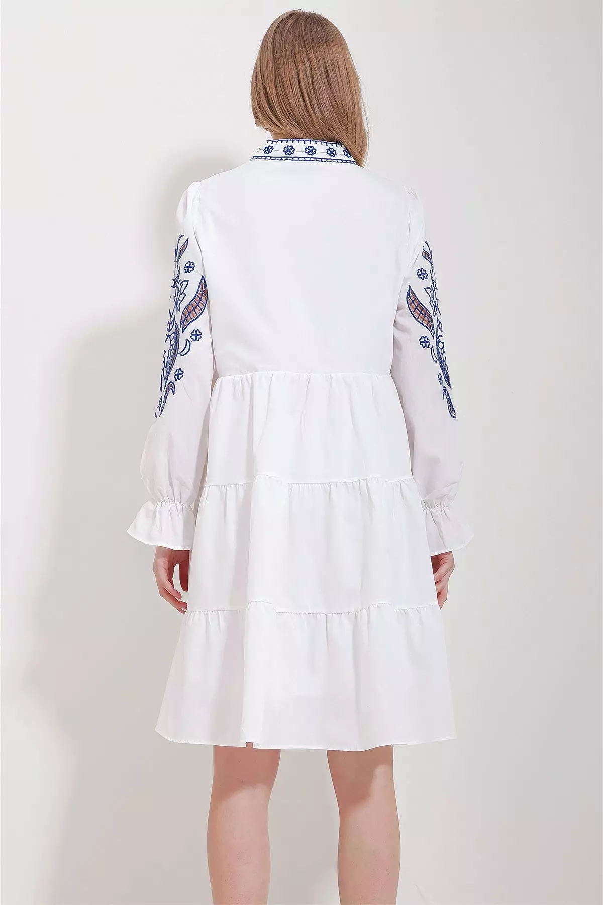 Women's White Judge Collar Lined Embroidery Embroidered Dress