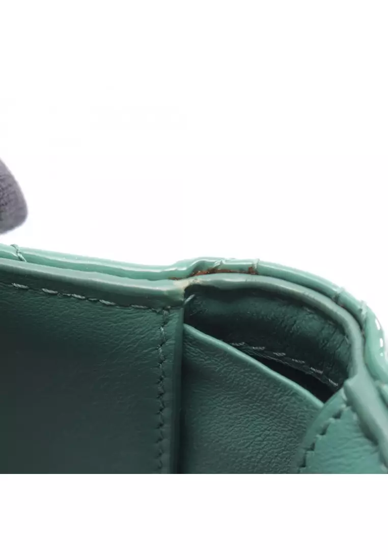 Pre-Loved Christian Dior LADY DIOR lotus wallet trifold wallet Patent leather Emerald green
