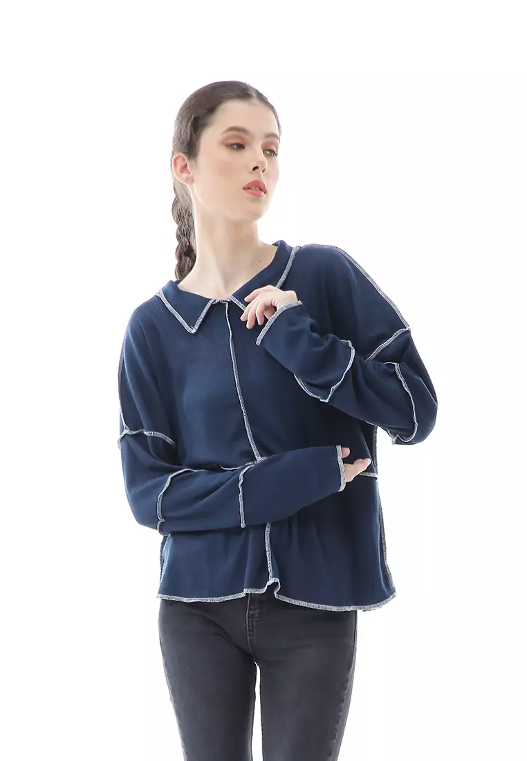 Veronica Blouse Terbalik Relaxed Motif Polos Long Sleeve Premium Quality - Navy