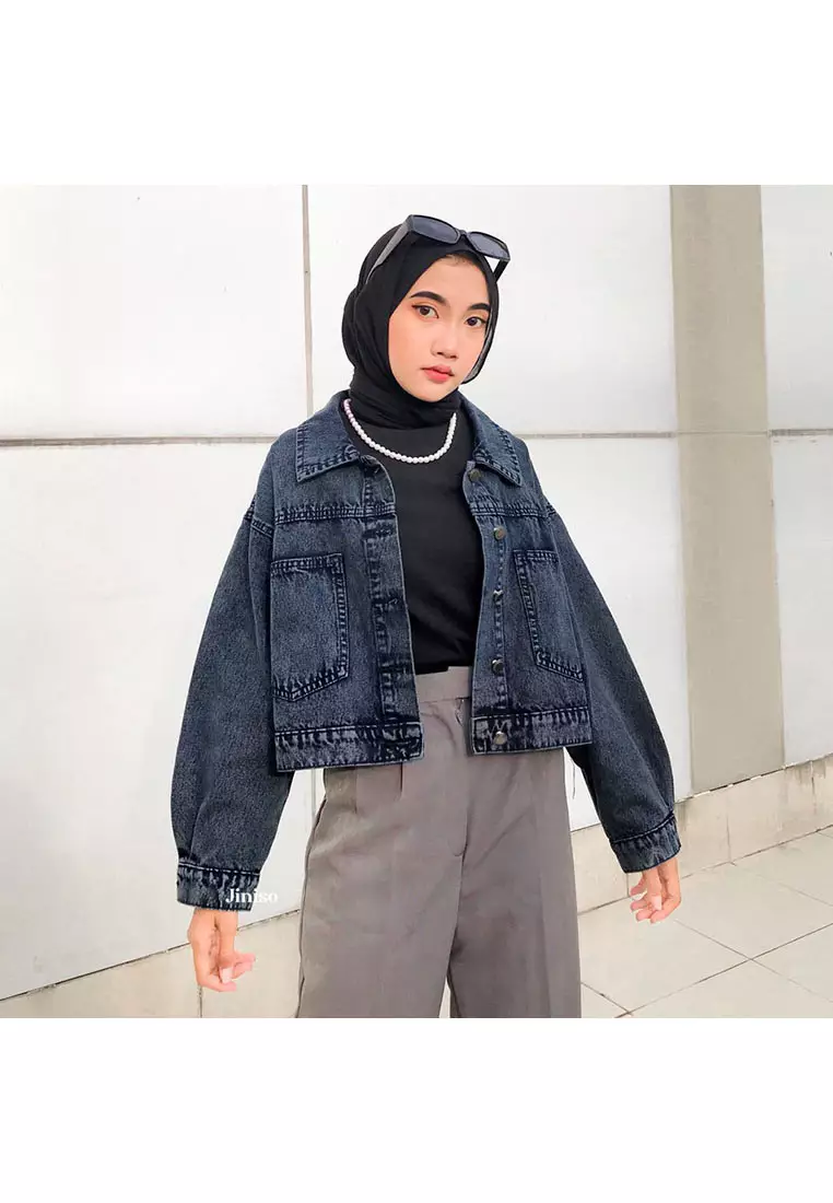 Jaket Crop Jeans Oversize Pocket Black Acid