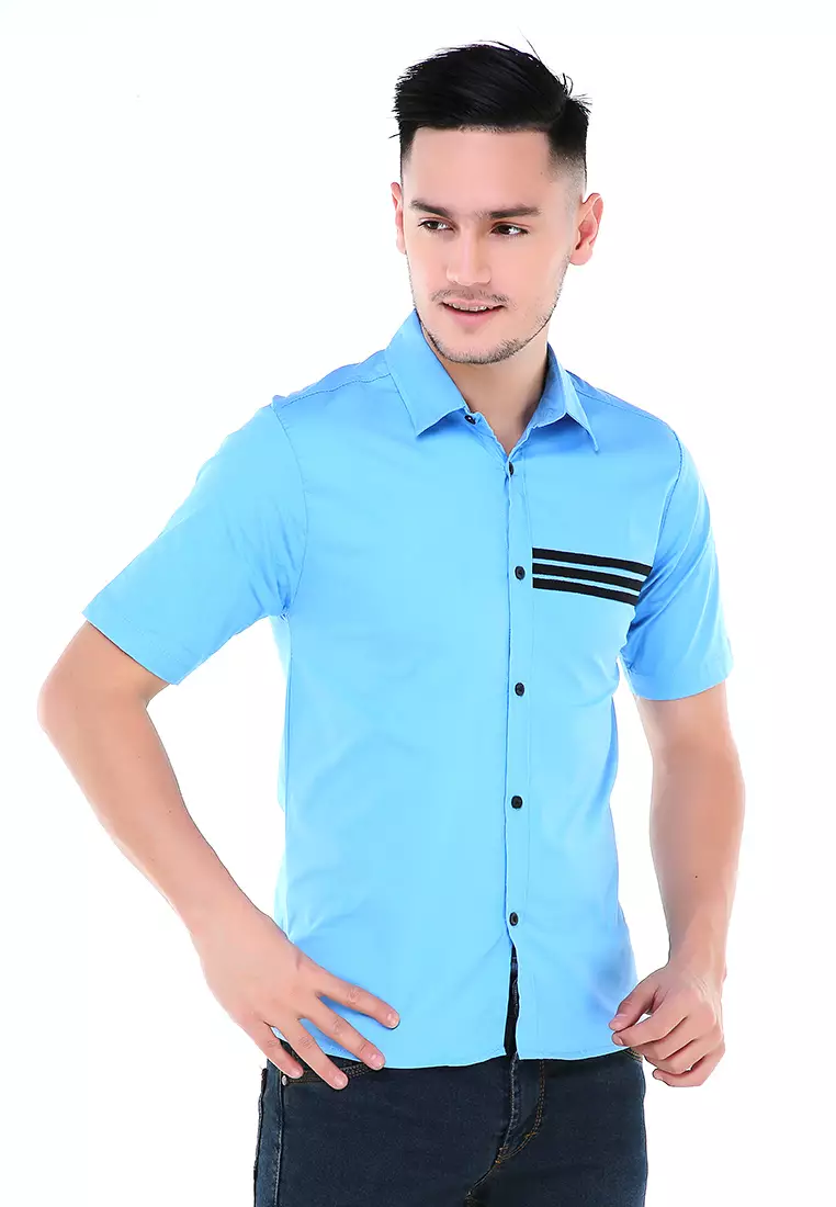 Dwan Atasan Kemeja Pria Three Lines Slim Fit Casual Shortsleeve Shirt Material Cotton ORIGINAL - Blue