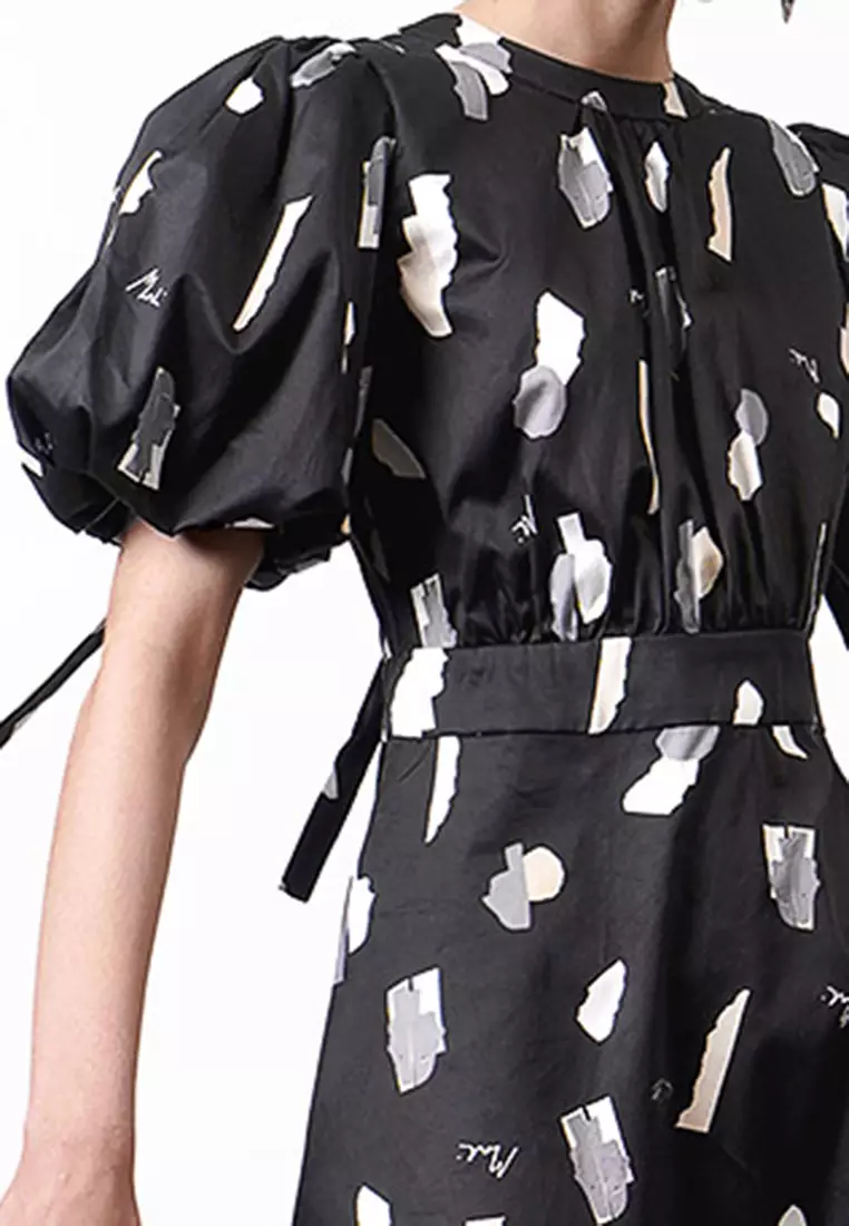 Puff Sleeve Midi Dress with Art Print