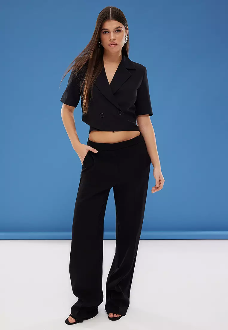 Black Double Breasted Crop Woven Blazer Jacket