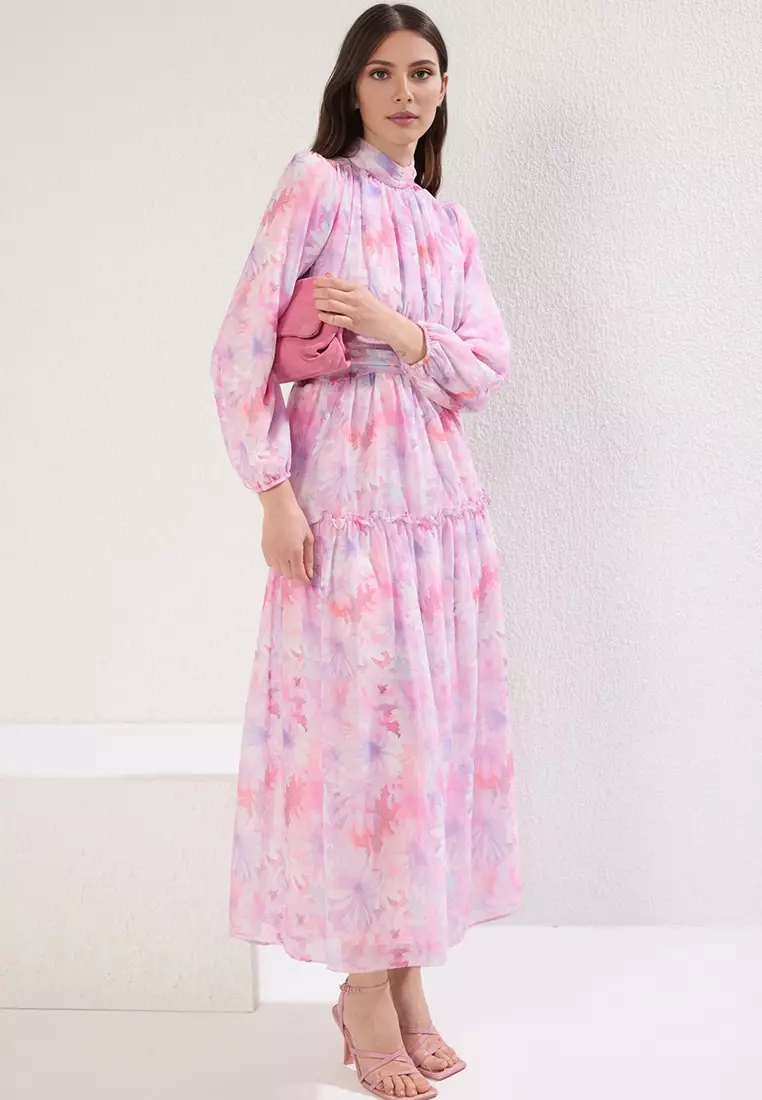 Lilac Floral Patterned Lined Chiffon Woven Dress TCTSS25EB00063