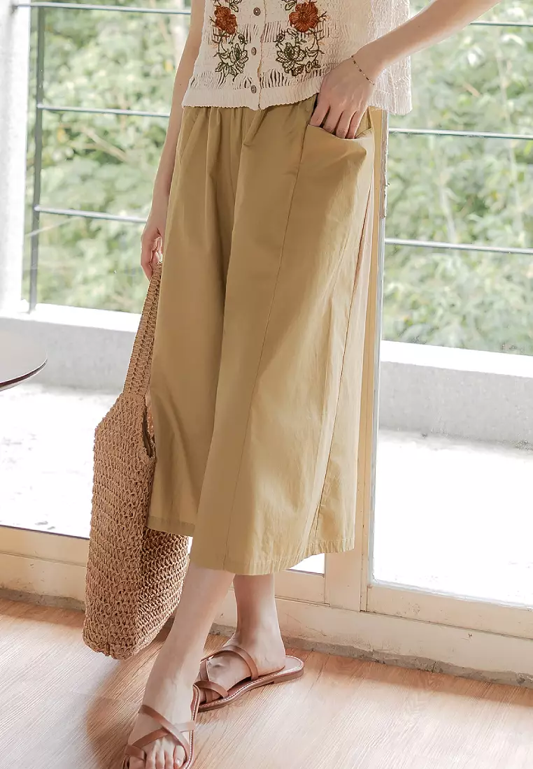 Cotton Elastic Waist Wide-Leg Cropped Trousers [BA3858]