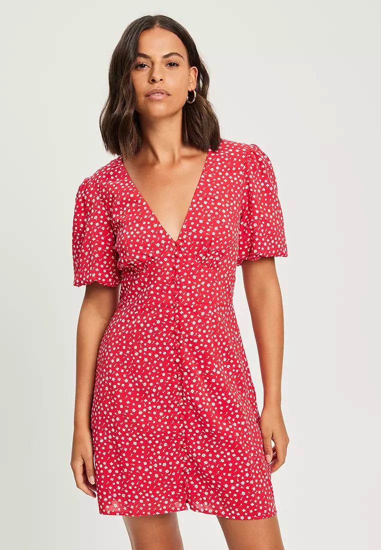 Red floral wrap mini dress store