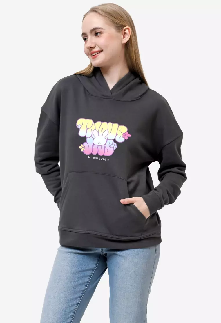 TONIQUE Womens Cotton Graphic Hoodie Dark Grey NOLA Hoodie Wanita Katun Abu Abu
