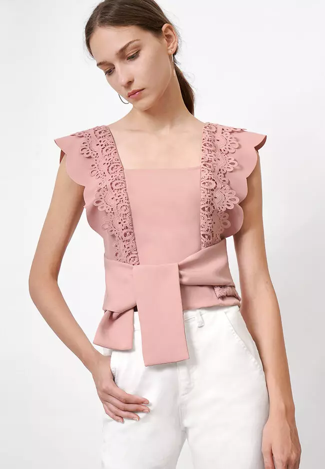 Square Neck Lace Overlay Self-Tie Waist Top