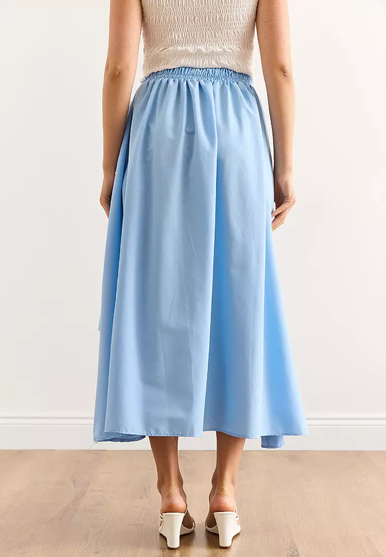 Women's Blue Elastic Waist Piece Skirt Etk-19000331