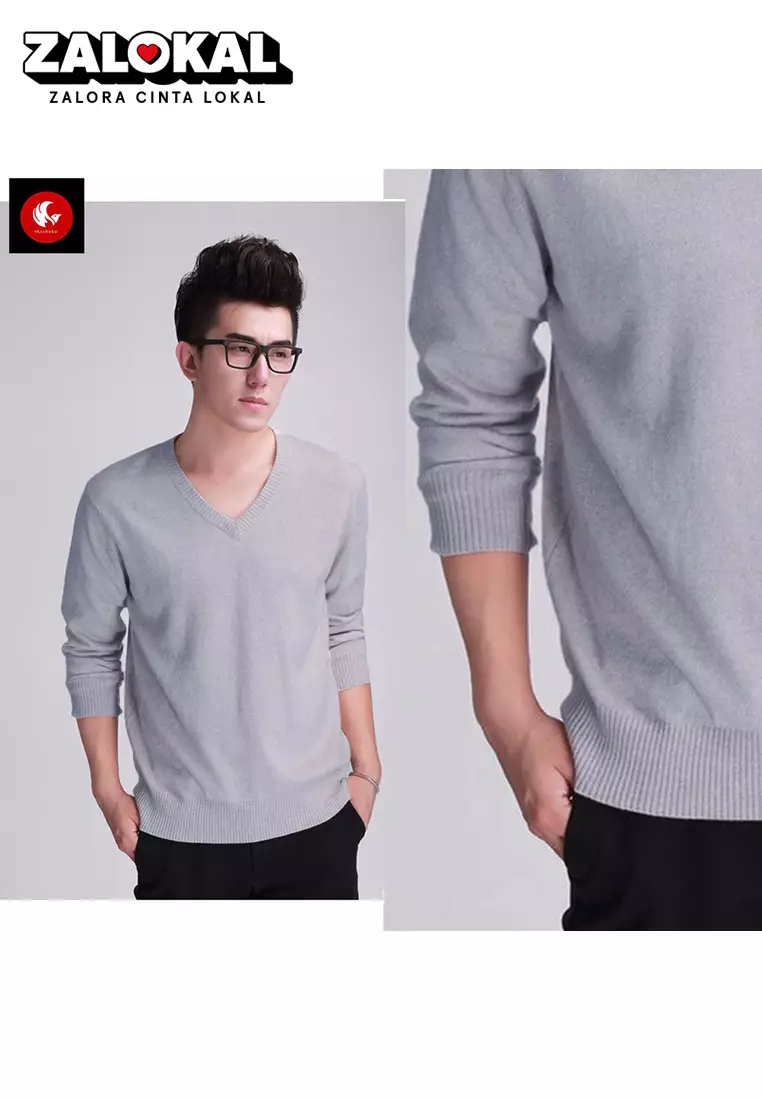 OKECHUKU Vleur Sweater Rajut / Switer Knit Pria Katun Basic Polos Leher V Neck