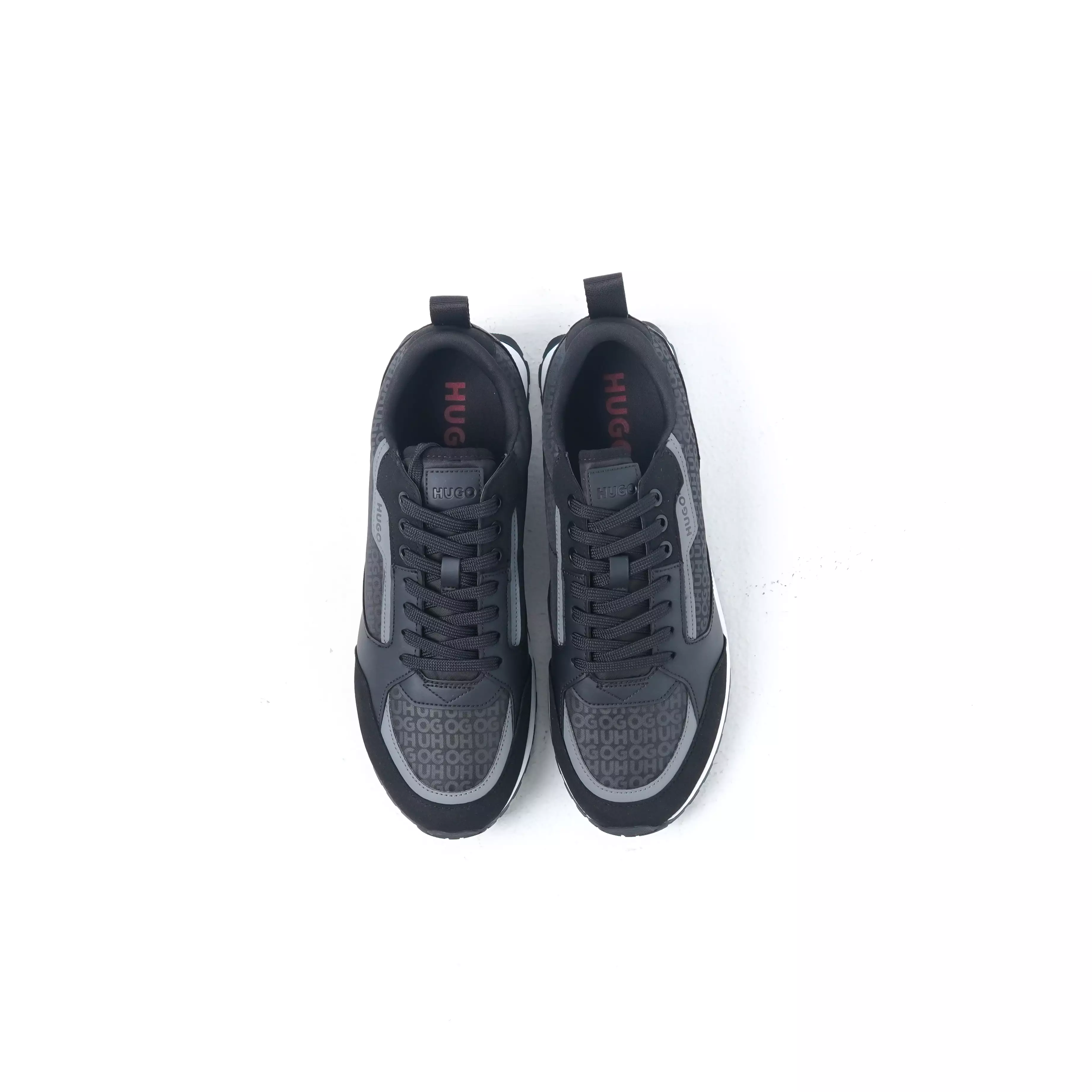 Sepatu HUGO BOSS ICELIN RUNN MONOGRAM GREY BLACK SNEAKER 100% ORIGINAL