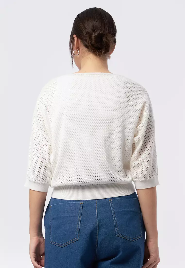 3/4 Sleeve Knit Top with Drawstring OFF WHITE